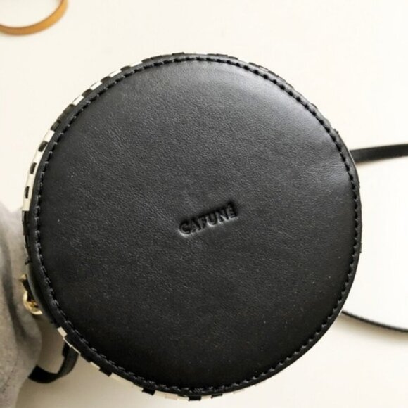 Cafuné Mini Woven Leather Bucket Hand Bag Basket Hobo Modern Plaid Preppy Purse - Picture 6 of 8